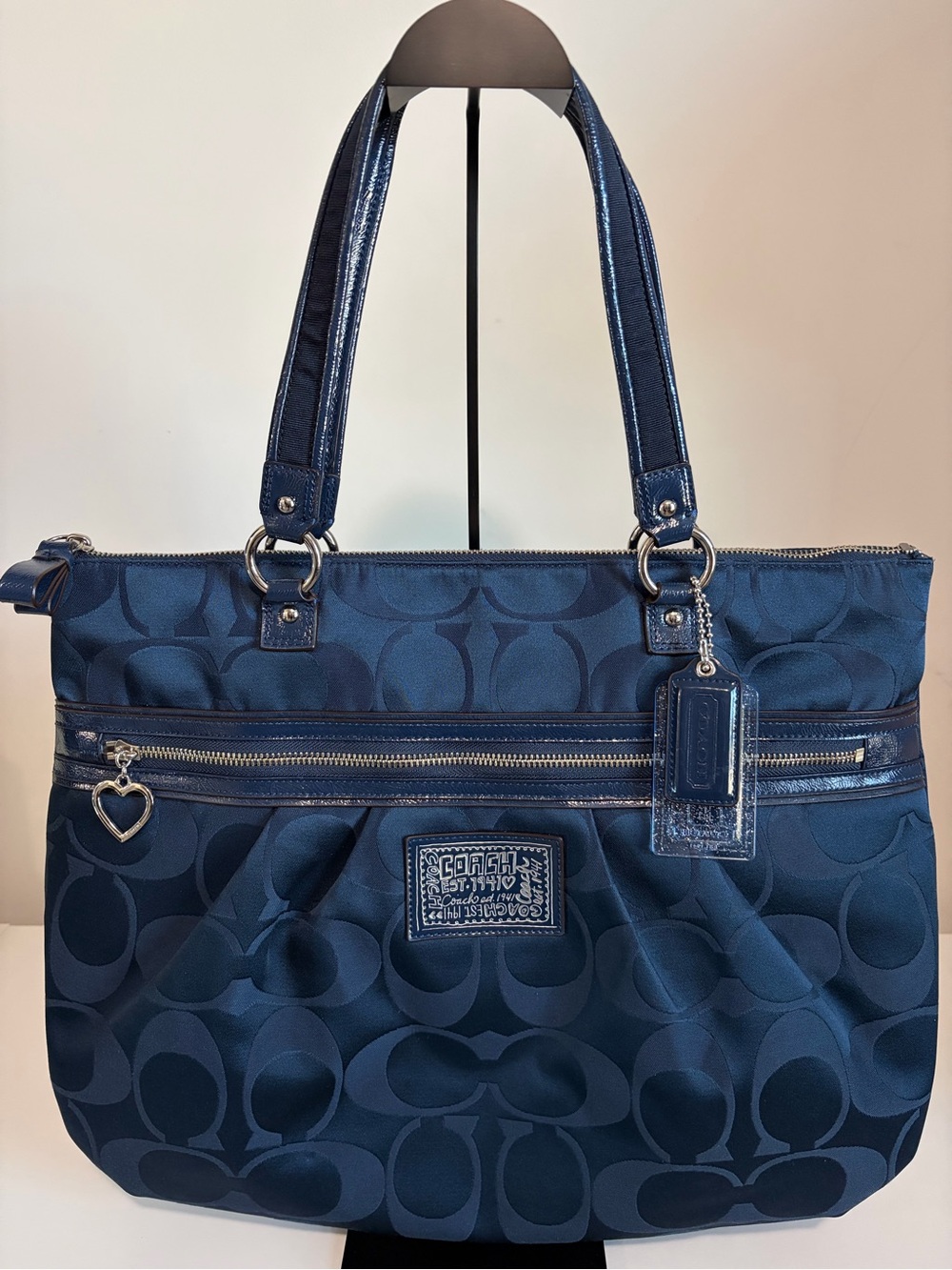 Coach Navy Signature Tote with Heart Charm